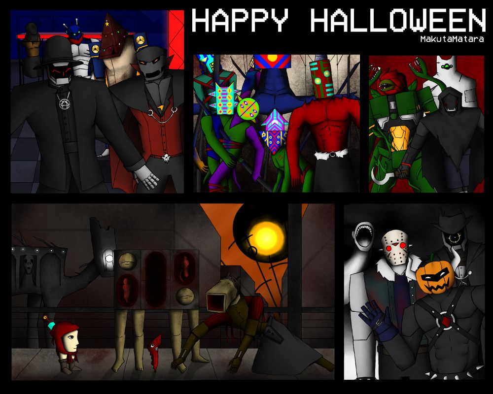 5 images are drawn, HAPPY HALLOWEEN and my name written on the topmost right.

Top left image depicts a grey robot wearing a vampire costume being happy on another wearing a black coat and hat. Behind is a blue, ninja thing putting Christmas Lights on someone wearing a pyramid.

Top middle depicts dragon-like people wearing colorful masks and being impaled in multiple ways except for the red one.

Top right depicts a black robot with sickles and wearing a helmet. Behind is a green one wearing a rose mask and a sheet ghost.

Bottom left depicts a dark location, with orange clouds. A person that only consists of a face and 2 legs and wearing a red hood with a sword at their back is looking on a strange living contraption with human legs. A red fetus-like creature is below it staring on another creature with a elongated, boxy head with a large square hole for a face. Behind is a giant, black, quadrupedal creature with a light source on its face.

Top right depicts a black robot wearing a pumpkin with grey horns sticking out. Behind is another wearing a hockey mask and another wearing some hunter garb or something.
