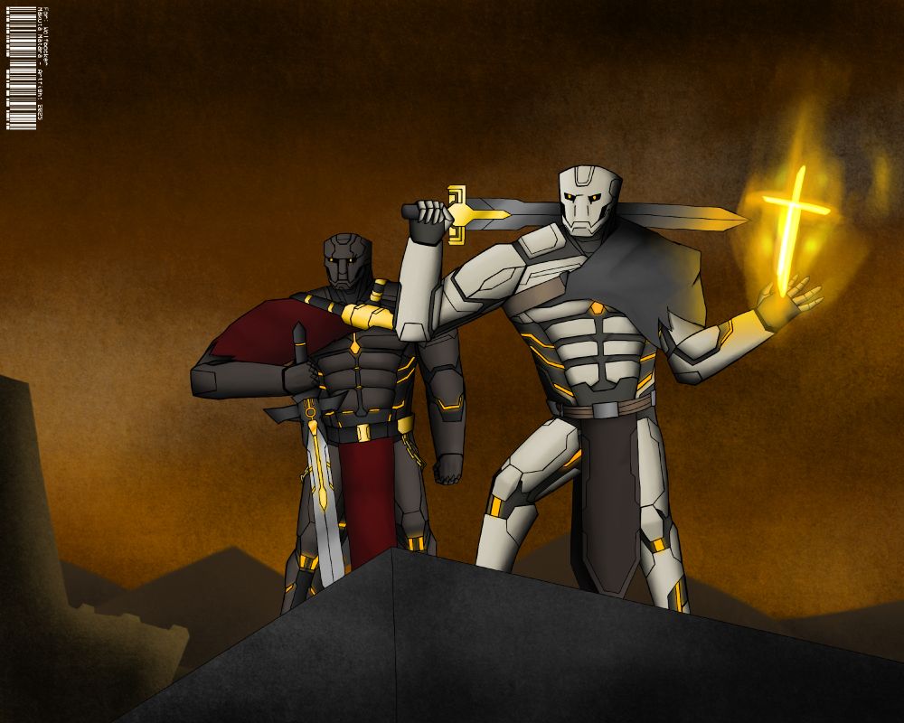 Picture of Khaiserion with Sohlus on the back (@wolfbocker.bsky.social‬ OCs) standing on top of some gray platform. Khaiserion has a flaming sword magic thing floating on his hand.
