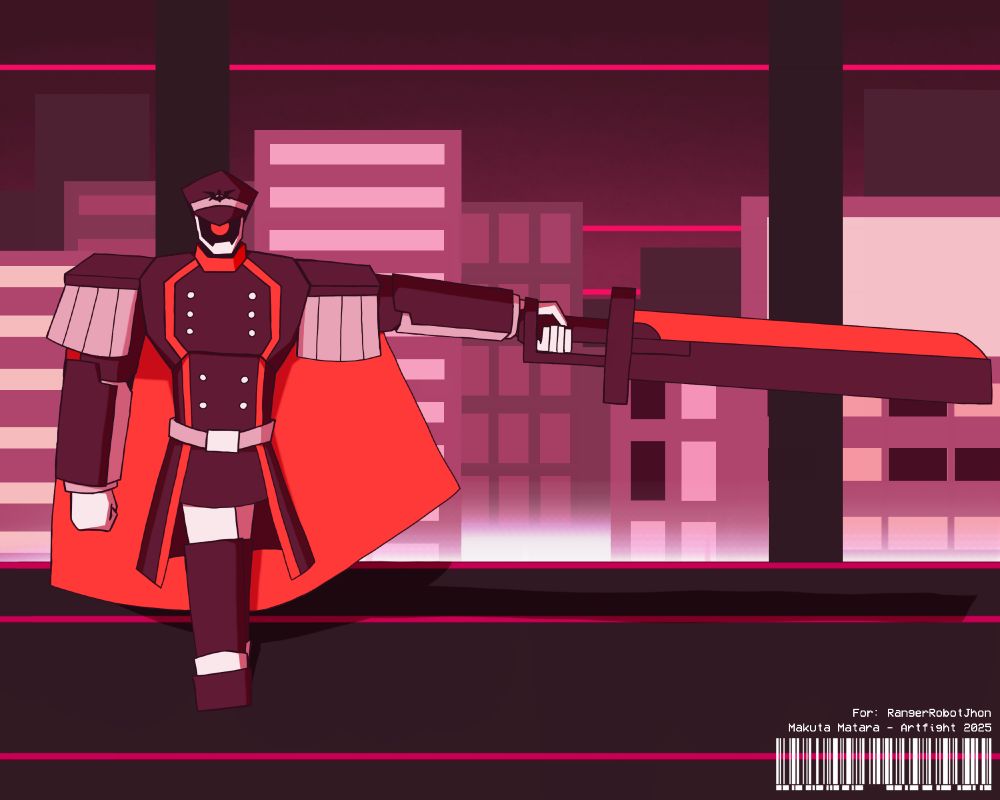 Vermil (@rangerrobotjhon.bsky.social‬ OC) showing a big ass sword pointing it to the right infront of some city landscape or something.