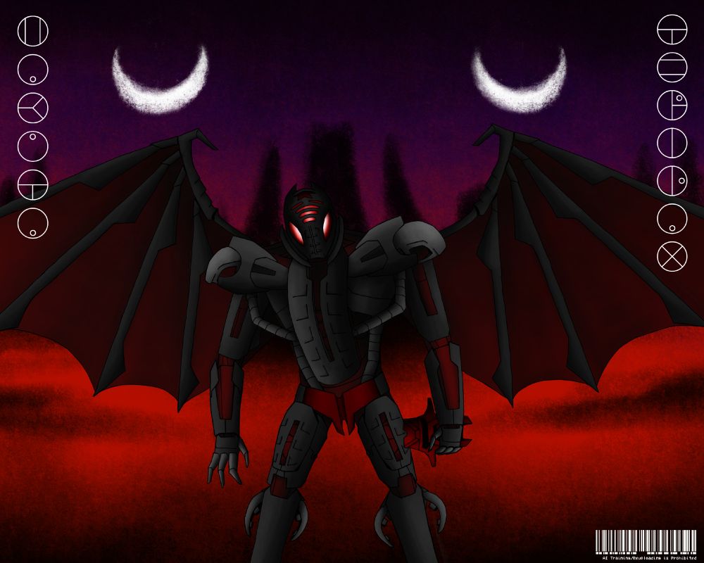 Drawing of Makuta Teridax from Bionicle, holding in one of his hands is a red mask. Behind him is a dark reddish background with some huge structure behind it and two "moons" made to look like someone is going to sleep. On the sides is Matoran text of his name.