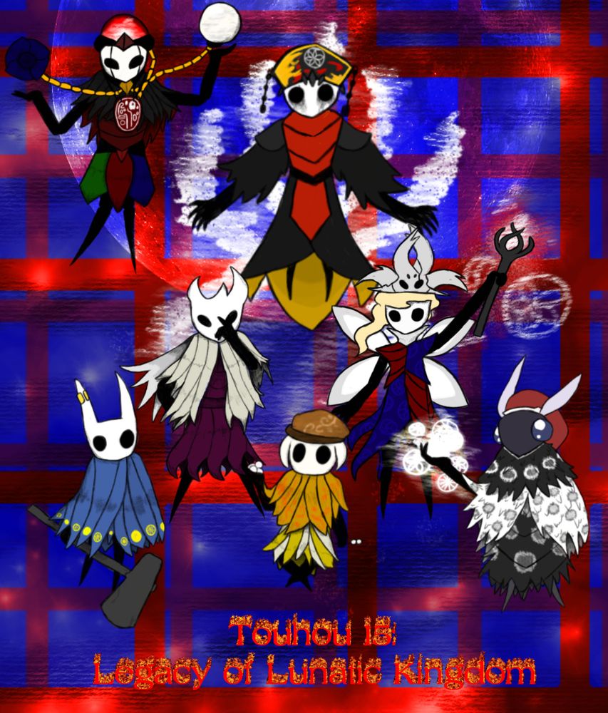 Cast of Touhou 15 - Legacy of Lunatic Kingdom in front of a blue and red grid background with the moon overlaid onto it.