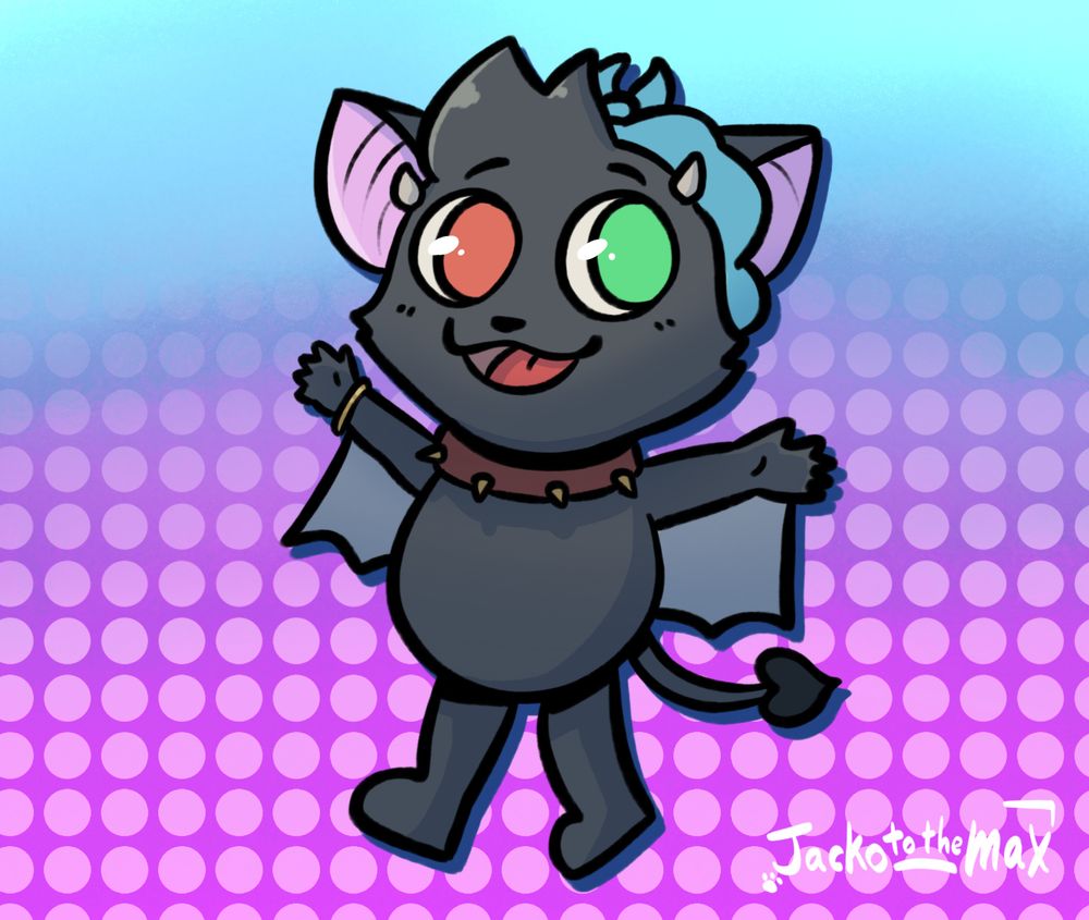 Lino the Hellbat smiling with glee. The background is a gradient of cyan and purple and there are a bunch of dots on the bottom half of the piece.