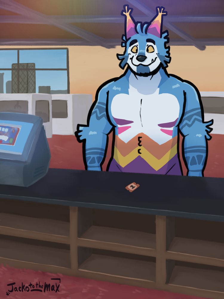 Rocco stands in front of the ticket counter with a large smile. He only has one ticket.