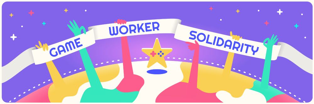 A drawing of a bunch of hands coming out of the earth holding a banner that says Game Worker Solidarity on it.