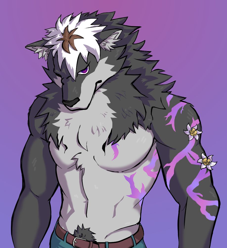 Nightsy Samsa, a grey wolf. He has white hair fading back into brown, purple eyes, dark grey fur with a lighter white ventral fur. His left torso and arm has glowing purple lines that look like roots, and the arm itself also has two flowers growing on it.