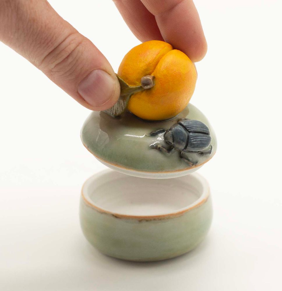 A hand lifts the lid of a round ceramic box with a sculpted apricot and beetle on top.