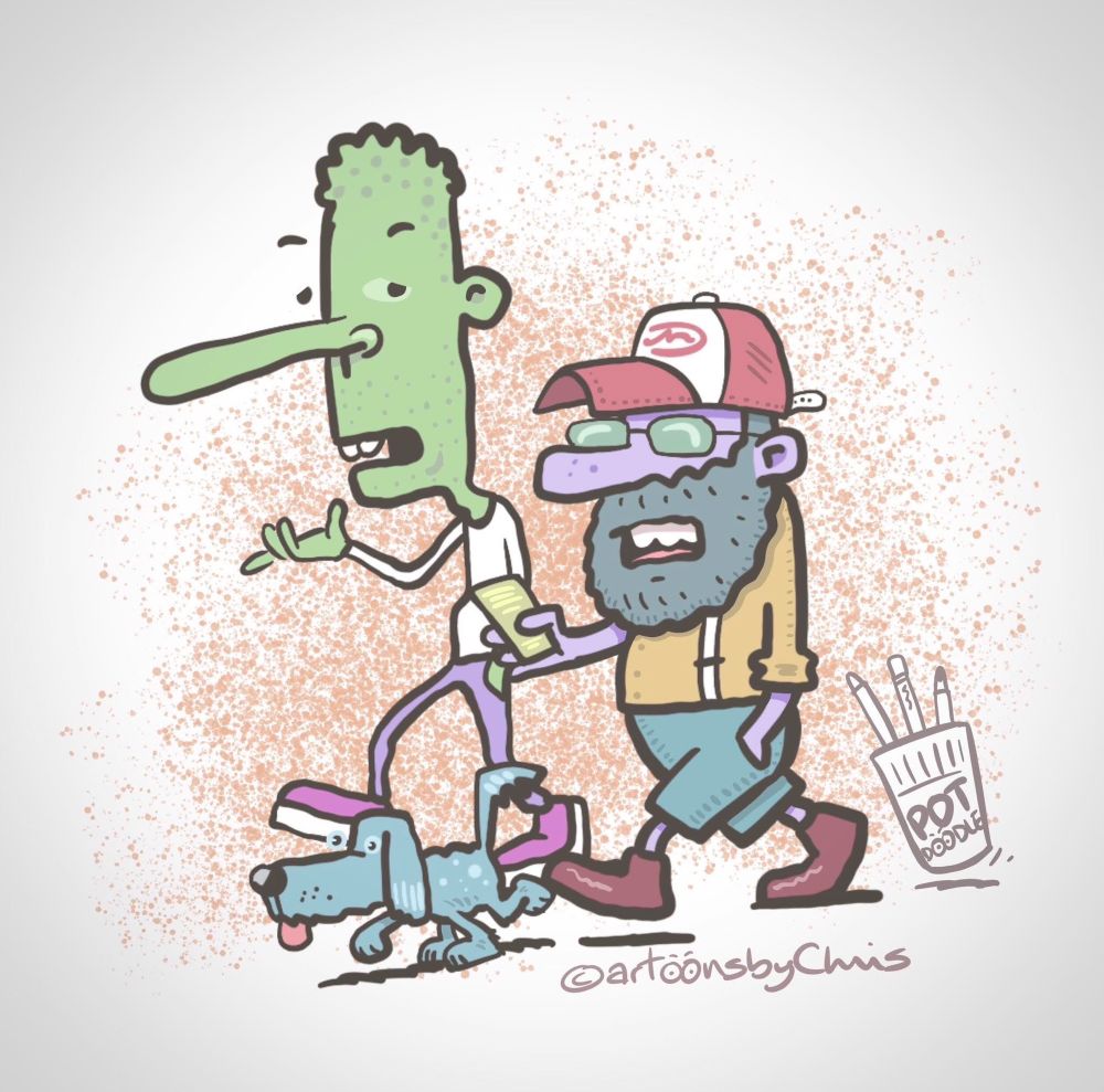 Cartoon Pot Doodle drawing of two guys and a dog. Just trying different subtilties out.