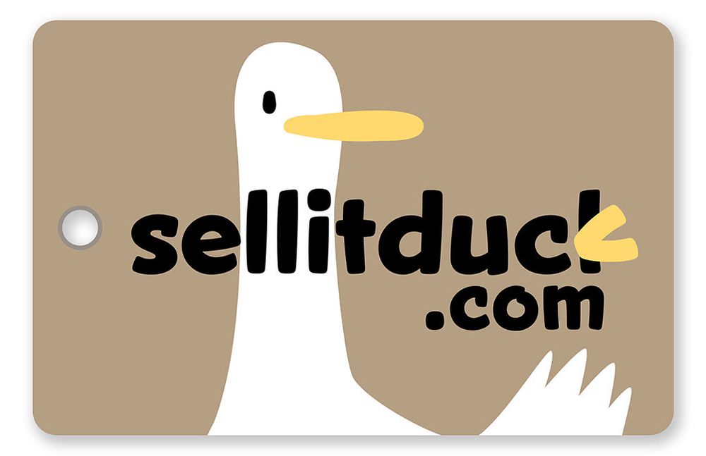 Cartoon of swing tag depicting a stylised white duck standing behind the web address sellitduck.com
