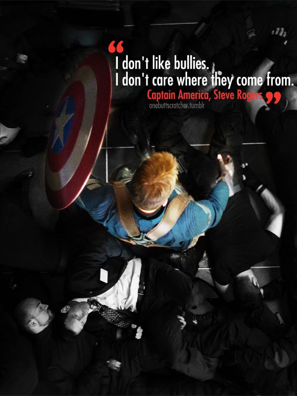 Captain America in an elevator, surrounded by bad guys. "I don't like bullies. I don't care where they come from."