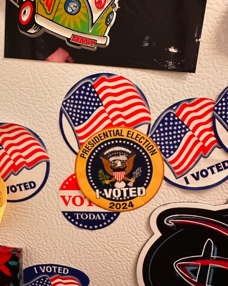 Collection of “I voted” stickers on a refrigerator. 