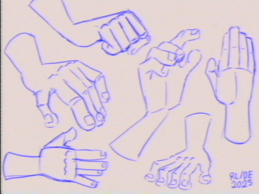 A group of cartoon-styled hands in different poses. Hands are sketched out in blue color, against white background. There is a retro VHS-filter over the image.
