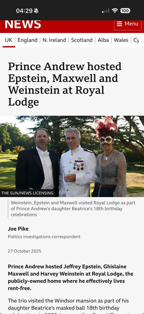 Harvey Weinstein, Jeffrey Epstein & Ghislaine Maxwell pictured in the grounds of Royal Lodge, Prince Andrew's (former?) residence near Windsor Castle. The event was described as a Masked Ball for Andrew's daughter's 18th birthday. Maxwell is wearing a Highwayman's mask with plume of feathers.