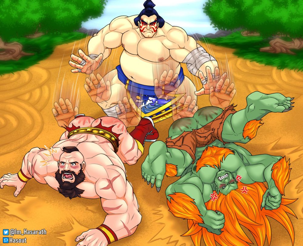 Street Fighter's Zangief and Blanka spanked by E. Honda's Hundred Hand Slap move, art by Hasout