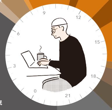 A yurukyara design of Luke sitting at his desk with a laptop and cup of tea. Luke has glasses and a more-on-top haircut. He's wearing a black jumper and jogging bottoms. The artwork is surrounded by a clockface (it's taken from an article on his daily routine as a freelance translator).
