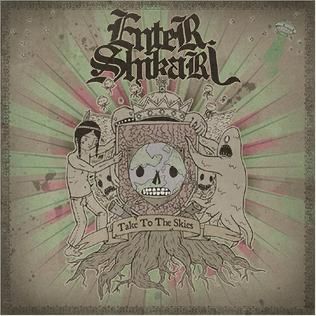 The album cover for Take To The Skies by Enter Shikari. A faded green and pink design. Figures in the centre hold onto a shield. 