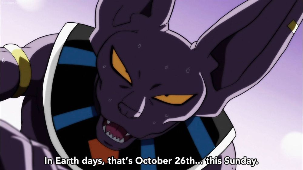 Screenshot from Dragon Ball Super of character reminding us today is Sunday, October 26.