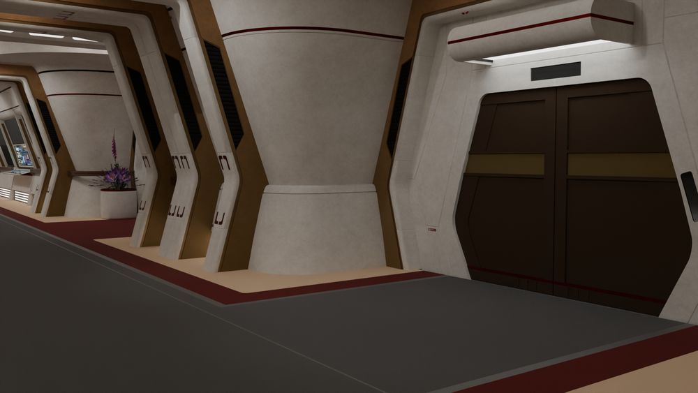 A 3d render of a Star Trek hallway from the 2410 era and as depicted in Star Trek Online. A large brown door is visible on the right of the screen.