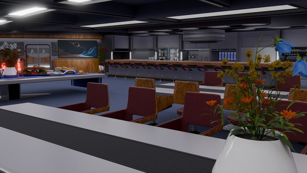 A CG render from the perspective of one of the side tables in a Star Trek bar. There is a vase of flowers in the extreme foreground. In the middle distance are a series of bar stools which align against a wooden topped bar. On the left of the picture a buffet table can be seen. In the distance from that, a door leading out into a corridor, flanked by a picture of an eclipse on an alien world.