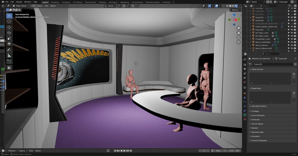 A screenshot of the Blender 3d program, showing a work-in-progress scene, with simple textures and placeholder objects. A window cutout can be seen in the centre-left of the view with the Portal 2 Space Orb textured onto it. Some simple and featureless figures are placed around the scene to provide scale.