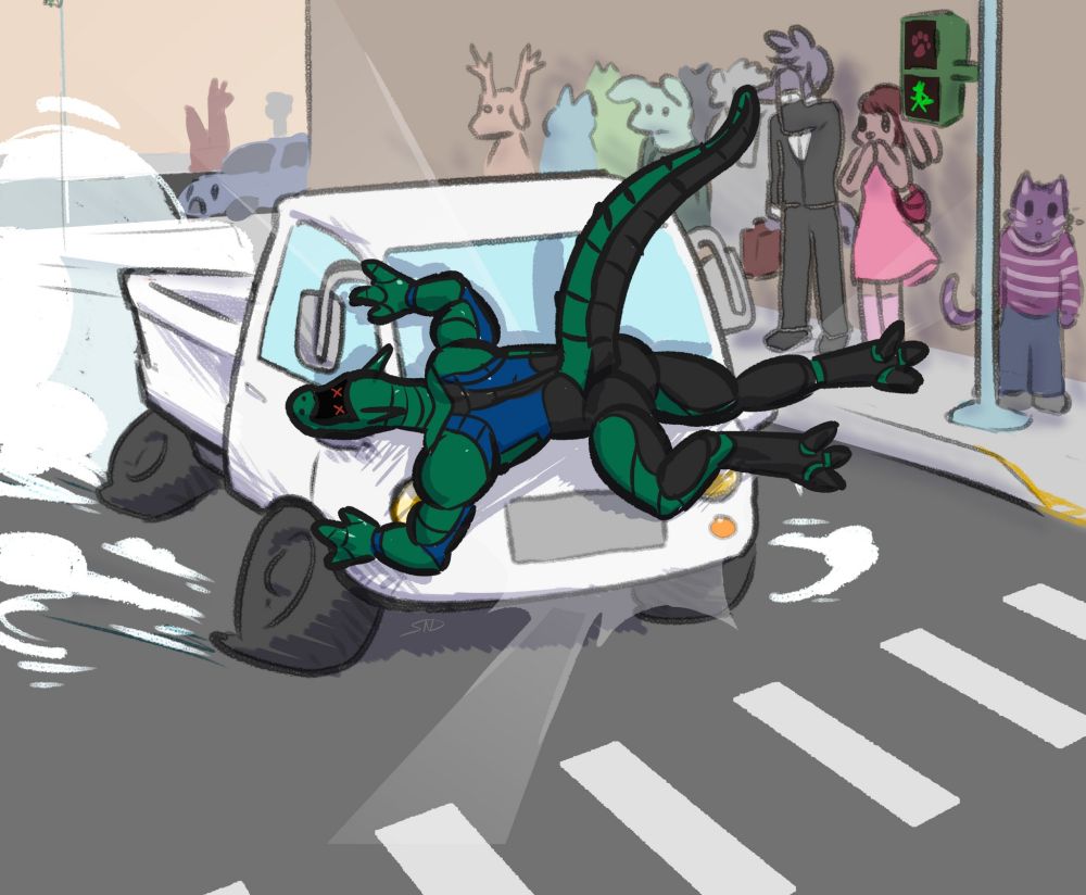Senil getting hit by a compact two-door truck at a crosswalk, while bystanders watch, gasp, or try to look away.