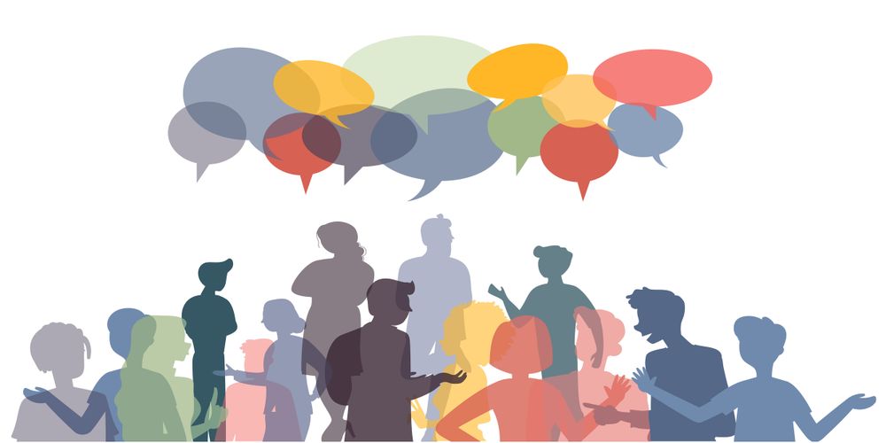 Colorful silhouettes of people with conversation bubbles over their heads.