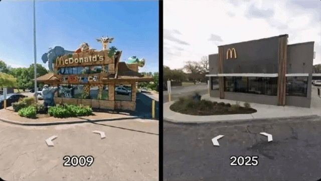 on the left: (2009) a zany mcdonald’s covered in safari animal statues with a fun jungle theme

on the right, (2025) the same McDonald’s, but it’s been redesigned as a soulless gray box with nothing but a small yellow mcdonald’s logo on the top left corner of the building