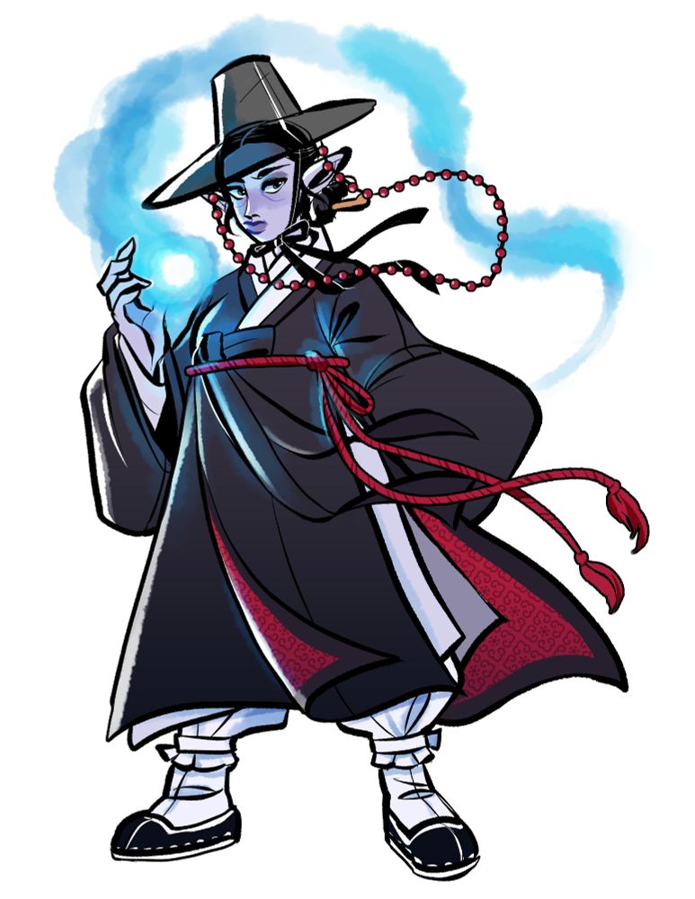Pale, elven woman wearing black hanbok in a black gat, hand cupping over a blue flame.