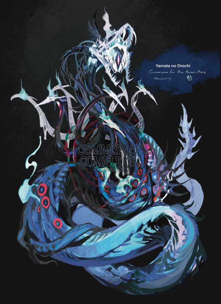 A nightmarish serpent whose body littered with red eyes is made up of inky tendrils twisting and coiling up to a jagged, skeletal head. Aside from its main head, it has seven, thinner heads connecting up to jagged, scythe-like shards of glass. The tip of its tail forms a jagged seven-branched sword.