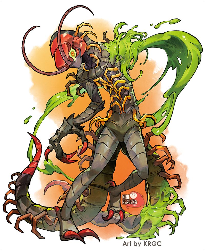 A humanoid with centipede-esque features. Two tails in the shape of a centipede's lower body spans down his backside, reaching up and joining towards his chest area as multiple legs, spiralling upward around his shoulders and reaching up to his head. His left arm liquefies into gushing green venom.