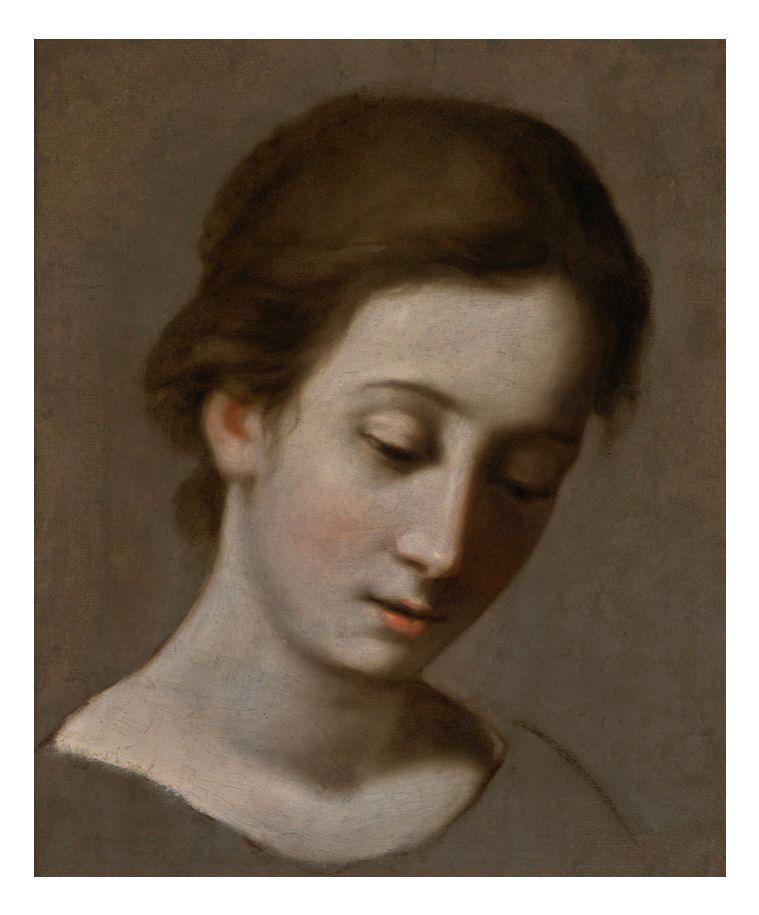 Oil painting of the head, neck and shoulders of a pale skinned girl/young woman with her brown hair tied back. She’s looking down and to the right with lowered eyes.