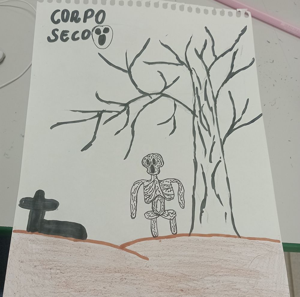 desenho da lenda urbana brasileira "corpo seco", onde tem uma cova do lado esquerdo o corpo seco no meio e uma árvore ressecada ao lado direito