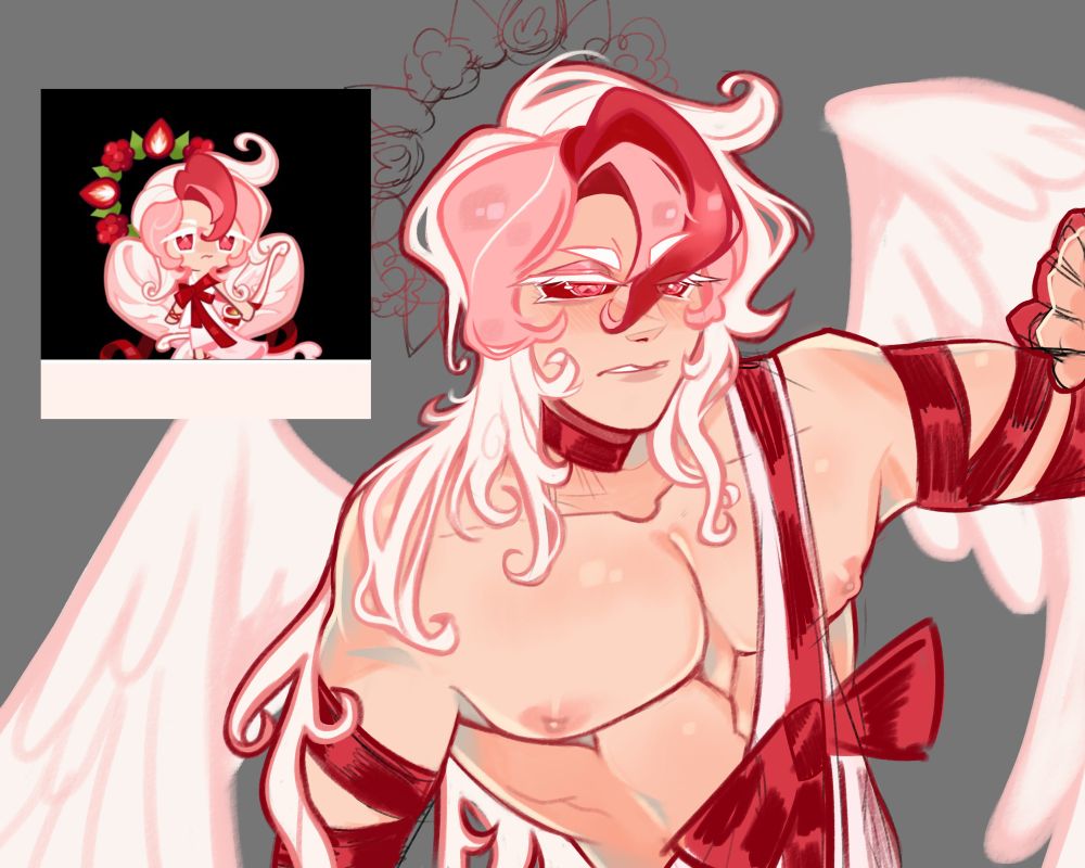 A drawing of the cookie Pavlova Cookie from Cookie Run Kingdom in his adult form. He is depicted as a human here with his chest exposed. I had to I’m not sorry.