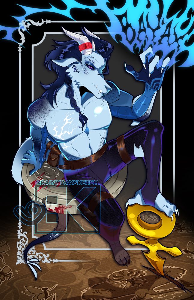 A Dragonborn sitting on a bloody silver coin - foot resting on a gold dagger - hovering above an old scroll - they are playing with lightening magic, making it spell their name “Bayax”