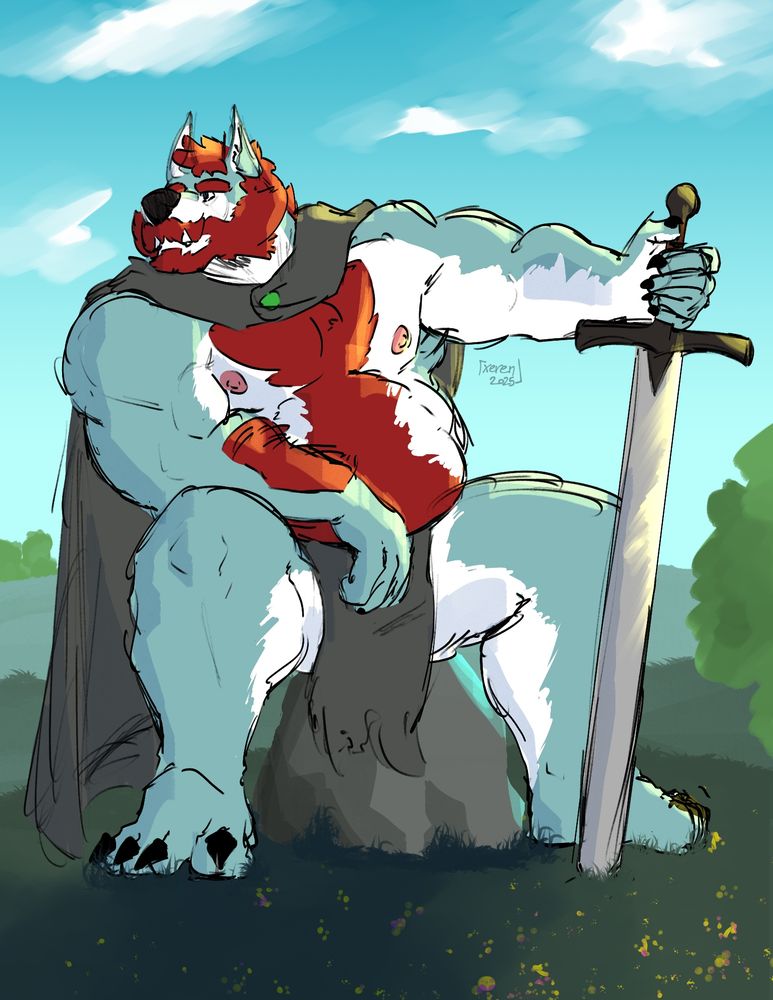 Buffara sitting on a rock while holding a sword. He's admiring the nature around him, wearing nothing but a loincloth and cloak