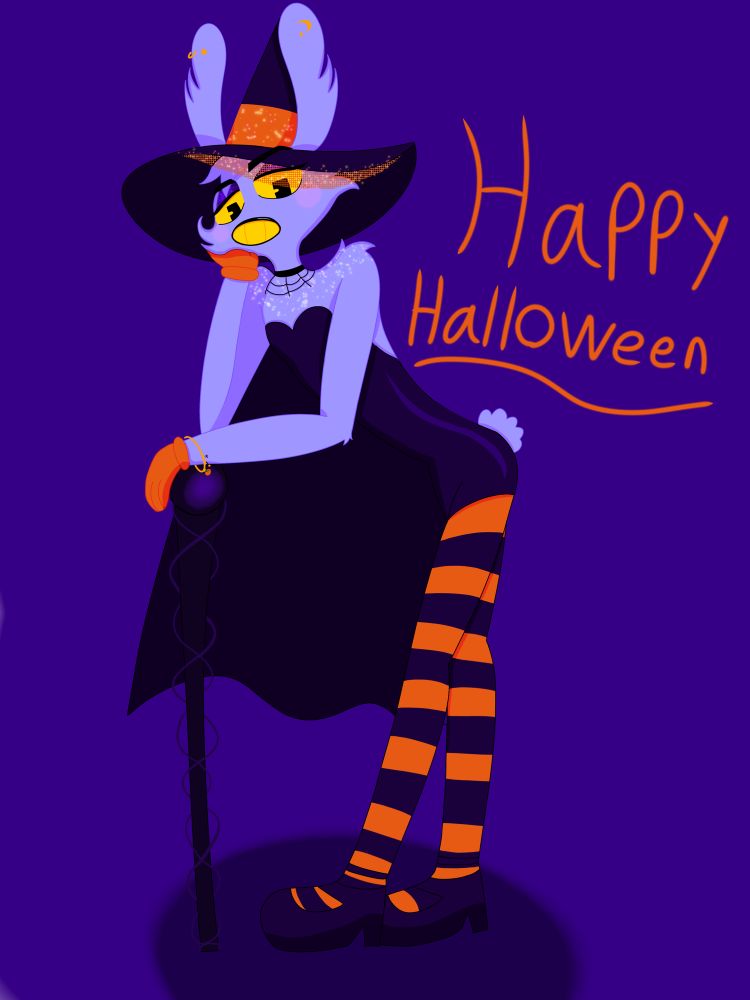 Jax wearing a black/dark purple/orange witch costume, leaning up against a staff

He has two gold piercings in each ear, a star and moon in the right, a gold hoop and suspiciously frog shaped one too on the left👀, a black hat with a glittery orange wrap on it as well as net the same color on the underside 

He has glittery purple eye shadow and black lipstick, looking embarrassed and blushing but oh so cunty

He wears a black spiderweb choker, glitter on his shoulders, and a dark purple leather dress, tail poking out from the back

He has a matching cape and shoes the same color and black and orange striped stockings 

He also has orange gloves and a gold halloween charm bracelet with a pumpkin, magic wand, and crystal ball on it

The phrase ‘Happy Halloween’ is spelled beside him in orange