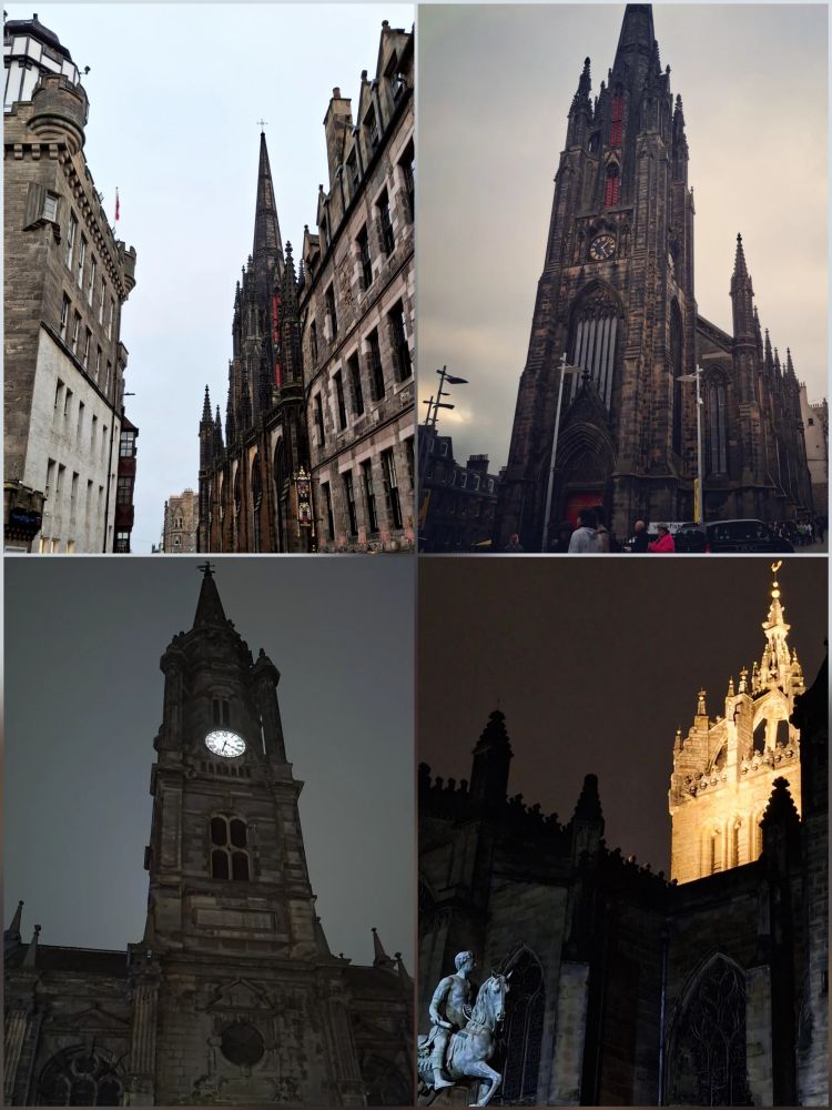 Photos of various locations in Edinburgh such as cathedrals and clock towers