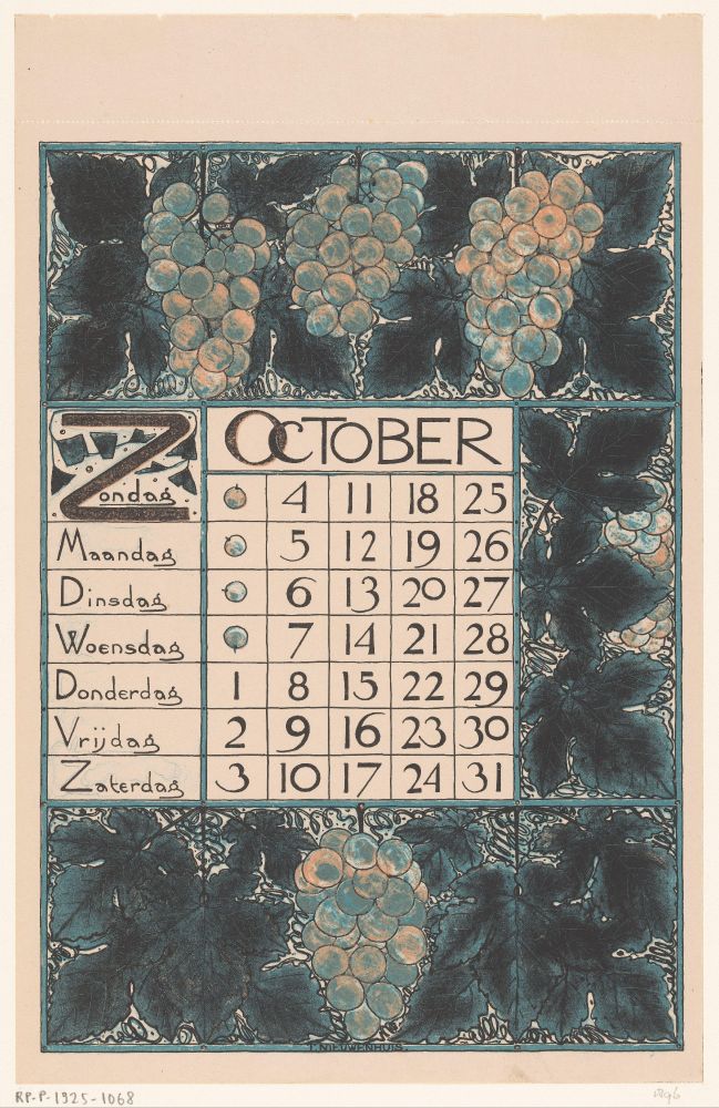 A calendar page with a thick border comprised of dark blue grape leaves and vines, and lighter blue grape bunches touched with pale yellow.