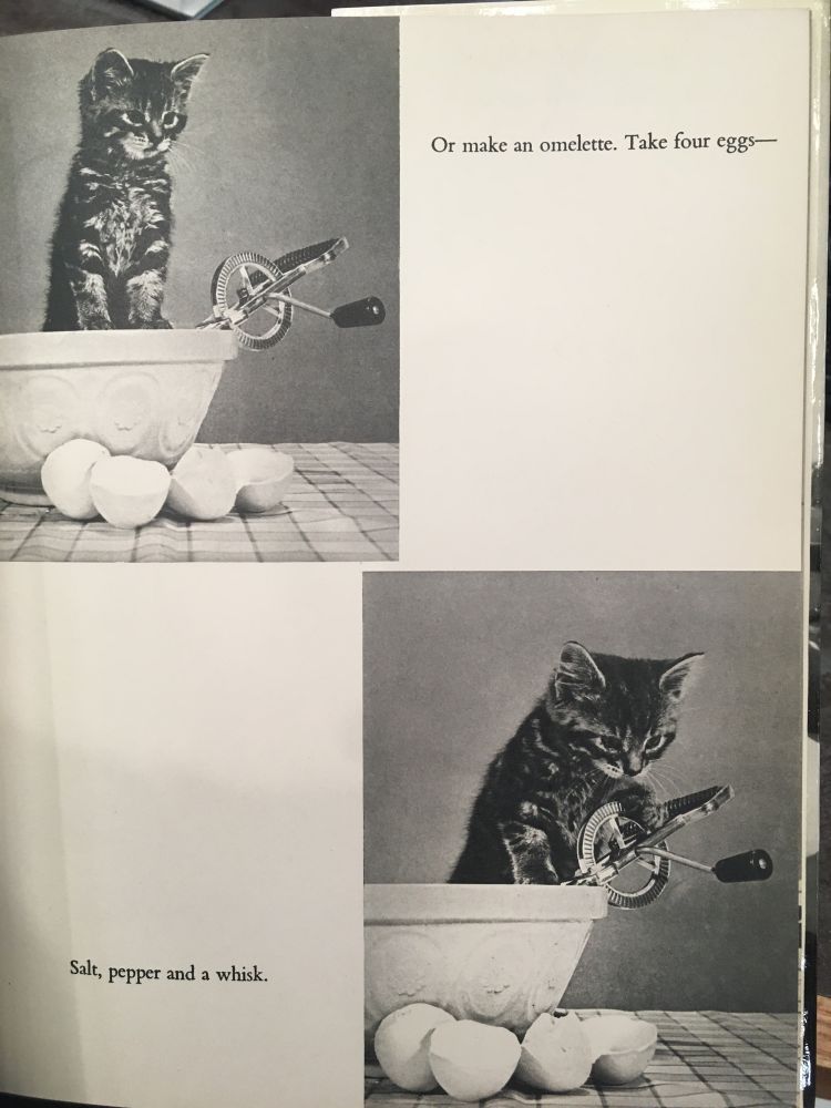 Two black and white photos of a tabby kitten next to a mixing bowl and broken eggs. They are “holding” an old fashioned hand whisk. Captions read “Or make an omelette— Salt, pepper and a whisk”