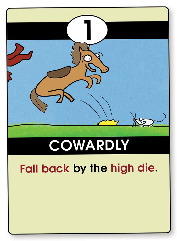 Card # 1, Cowardly: Fall back by the high die. A terrified horse leaps back away from a small mouse, tossing its rider. Flat color is used for the brown horse, white mouse (with red nose), and red-suited rider, while digital watercolor was used for the grass and sky.