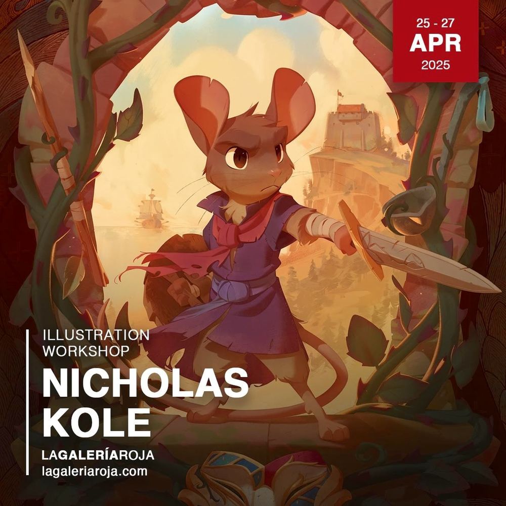 An illustration of Martin The Warrior from the redwall books, along with text announcing a live workshop at La Galeria Roja from April 25-27 in Seville, Spain