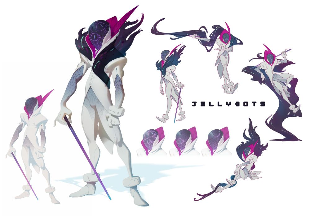 A concept sheet for a villainous character (Twist), clad all in white- their mask is embossed with a maze- different elements of which light up to form faces that disappear back into the tangle of forms when unlit. 