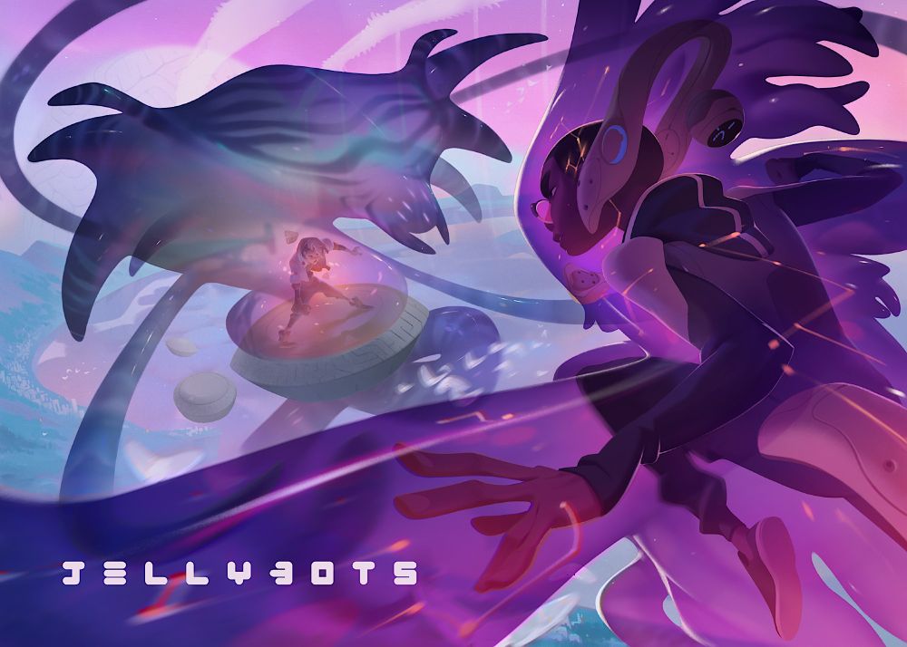 Two characters (Duncan and Jack) face off in the air, miles above the cloud layer. Both are encased in suits of living Jelly, which has taken on characteristic forms and colors unique to each.