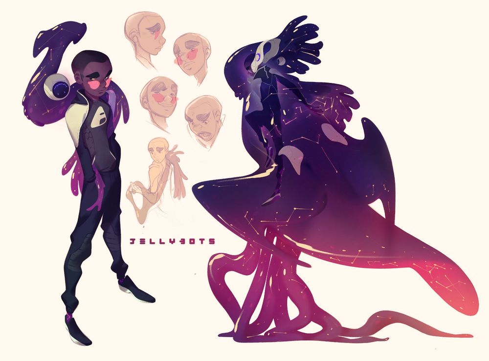 A concept sheet for Duncan and his jelly suit Galileo. On the left, Duncan poses with Galileo wrapped around his shoulders like a pet, on the right he is encased in the suit. The jelly sparks with pinprick constellations, and a little orbiting robot sphere displays a pixellated upside down smiley face next to him. In the middle are several expression explorations