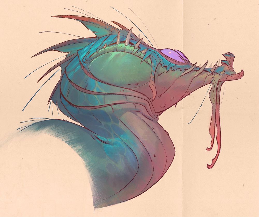 A drawing of a blue-green nasty little dragon face. Just a nasty nipper, an unpleasant sort, deeply stupid in the eyes and pointy in the teeth. You should probably repost it just in case.