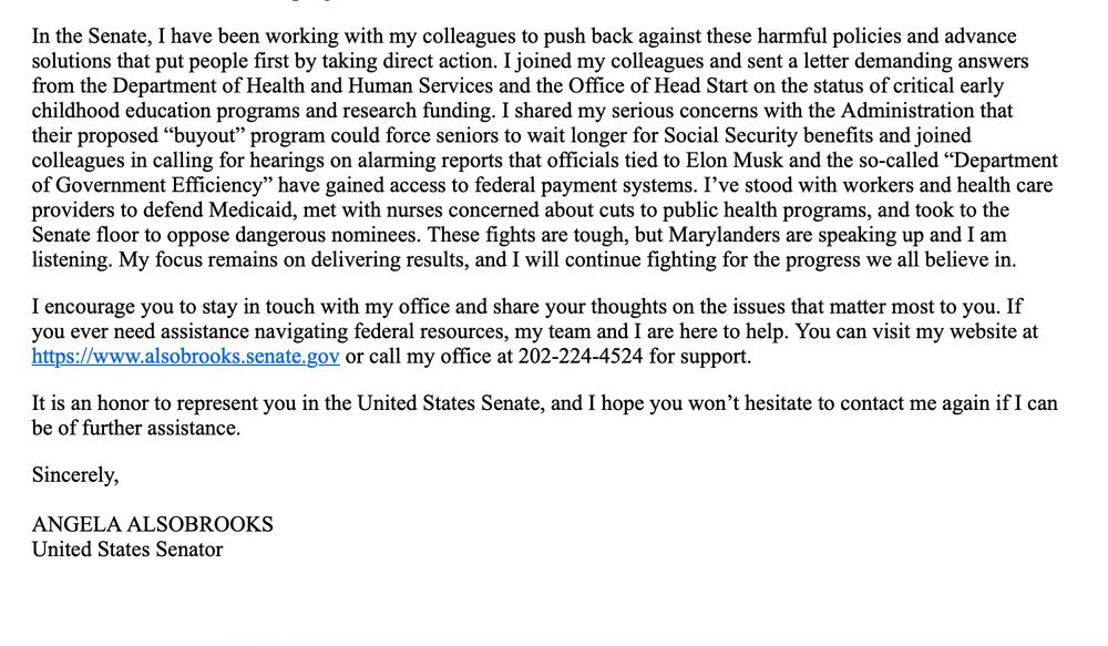 Letter from Senator Alsobrooks with a response to the constituent contesting Trump administration with her contact information.