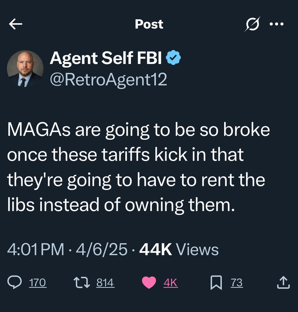 Twitter post that says: "MAGAs are going to be so broke once these tariffs kick in that they're going to have to rent the libs instead of owning them."