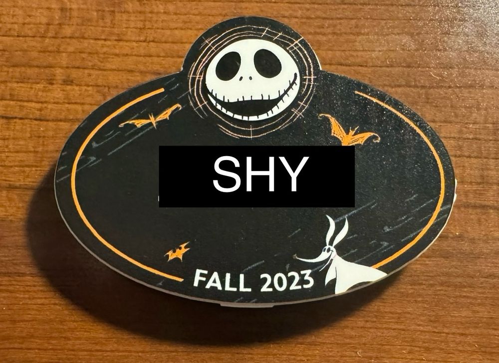 A black oval name tag with Jack Skellington’s face and bats and Zero is there and the tag says SHY on it