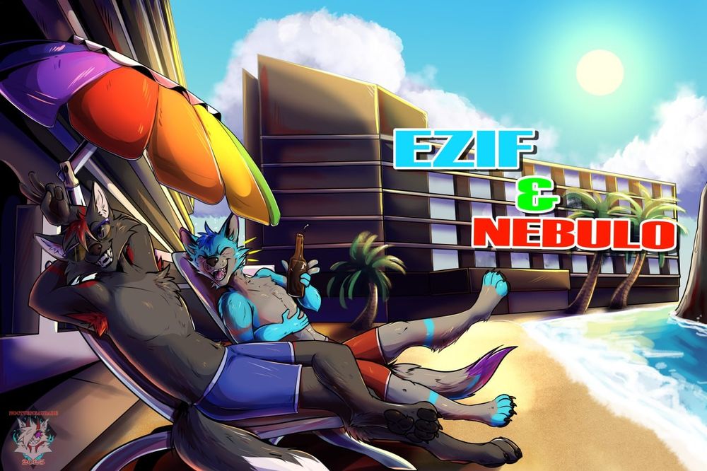 two anthro canines lounging on a beach on a sunny day with 2 hotels in the background