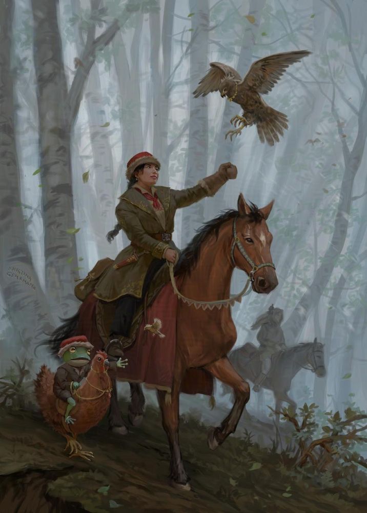 The setting is a misty forest with birch trees. We see a female rider on a red horse, in a Mongolian steppe inspired outfit, holding her gloved hand out for a falcon-like bird to settle on. Next to her is a little frog character riding a chicken, who's similarly having a sparrow fly to him. In the distance, another rider with a hunting falcon. 