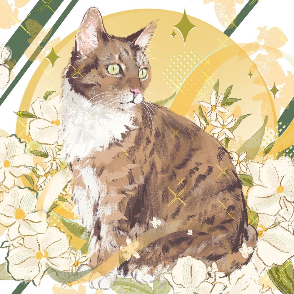 Portrait of a sitting tabby cat in a very beautiful sketchy style with ornaments, flowers and sparkles in the background. She has striking green eyes which is echoed by some of the color in the background.
